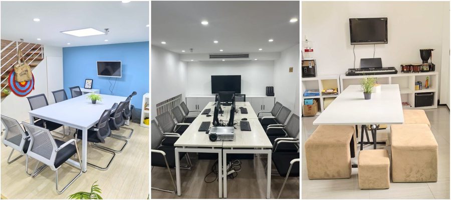 Three AEF rooms: a classroom with a blue wall, a computer room, and the music corner