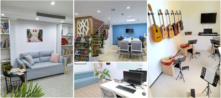 The reading lounge with its sofa and shelves, a classroom, the computer room and the music room